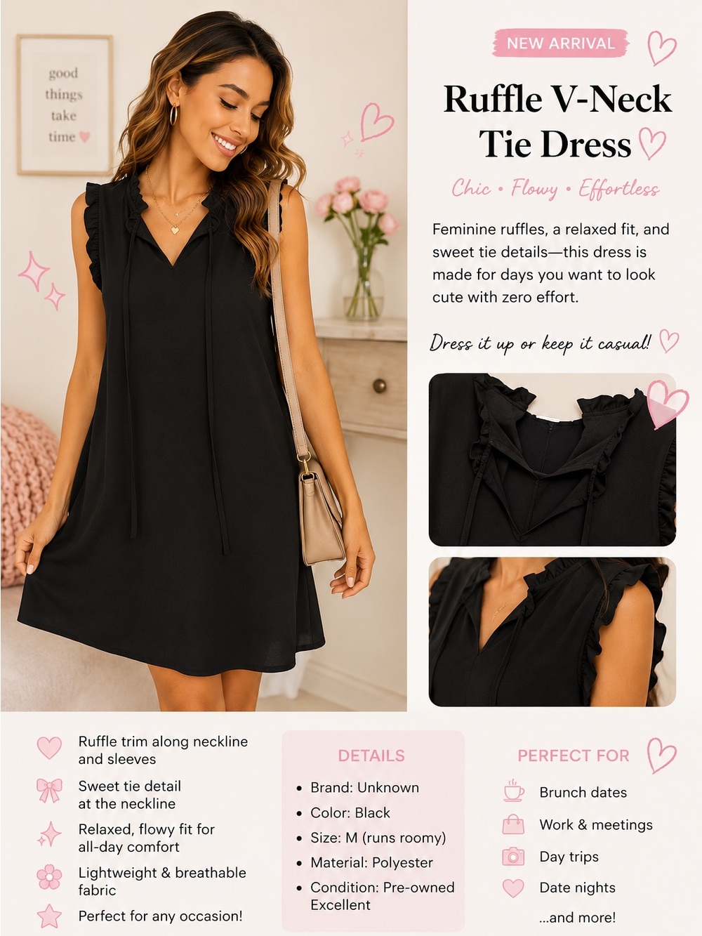 Black Ruffle V-Neck Tie Dress